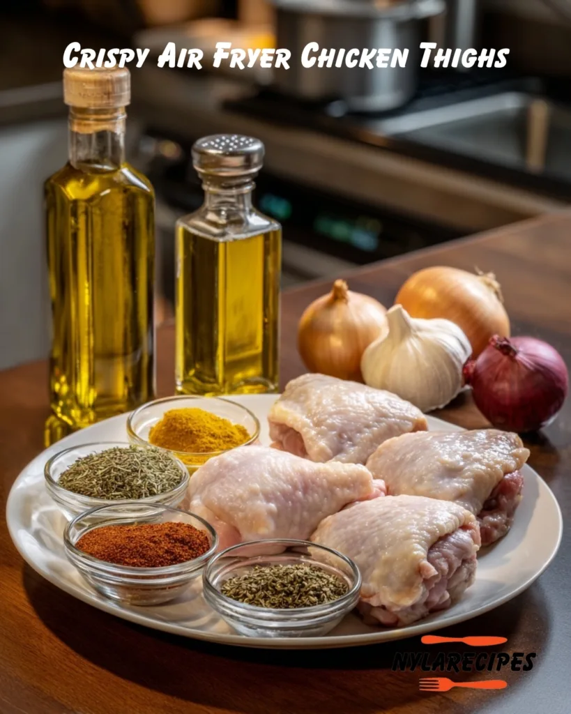 Ingredients for crispy air fryer chicken thighs laid out on a kitchen counter