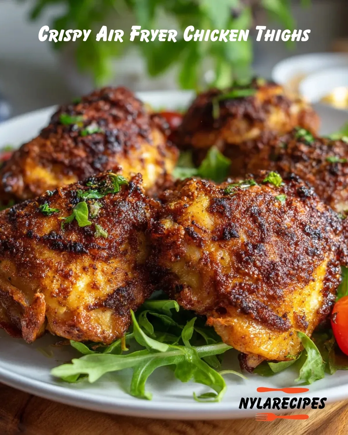 Crispy Air Fryer Chicken Thighs served on a rustic wooden table