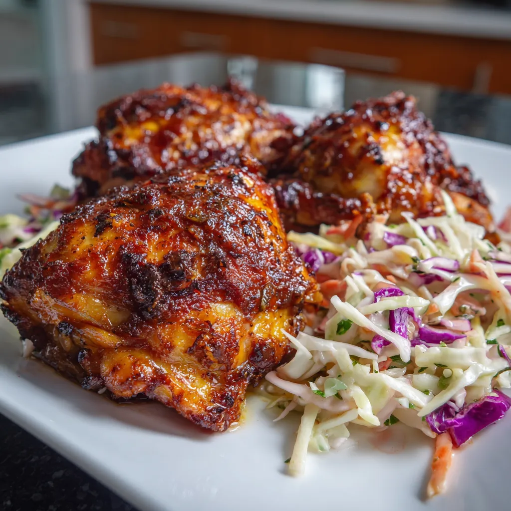 Crispy Air Fryer BBQ Chicken Thighs with Coleslaw
